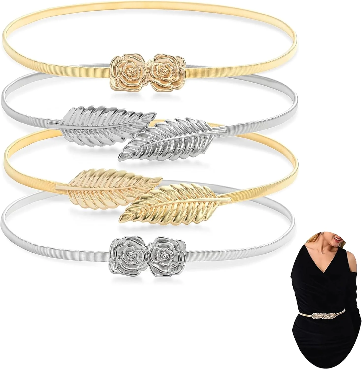 کمربندهای مجلسی زنانه BIGTHREE، بسته 4 عددی، کمربندهای باریک کشی فلزی با طرح های برگ و گل رز، طلایی و نقره ای، مناسب برای پیراهن، بلوز و مناسبت های خاص