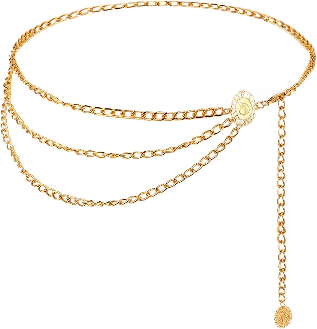 زنجیر کمری فلزی چند لایه BIGTHREE، کمربند زنجیری قابل تنظیم زنانه، کمربندهای پیوندی بدنه مد، کمربند زنجیری طلایی زنانه، زنجیر کمری آفتابگردان برای لباس و شلوار جین