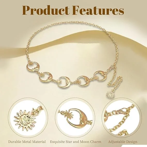 کمربند زنجیری فلزی قابل تنظیم BIGTHREE، زنانه، کمربند زنجیری کمر بوهمی با آویزهای ماه و ستاره، مناسب برای لباس، شلوار جین، اکسسوری کمربند زنجیری فلزی قابل تنظیم BIGTHREE، زنانه، کمربند زنجیری کمر بوهمی با آویزهای ماه و ستاره، مناسب برای لباس، شلوار جین، اکسسوری