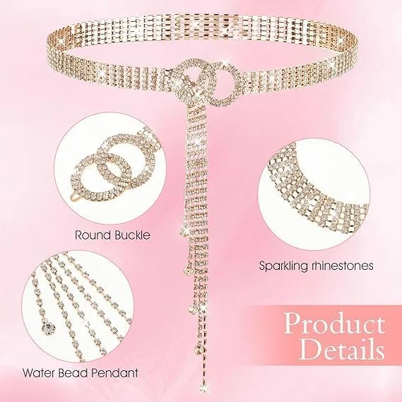 کمربند نگین دار زنانه BIGTHREE، زنجیر کمری قابل تنظیم کریستالی درخشان با طراحی حلقه دوتایی، مناسب برای لباس، شلوار جین و لباس مهمانی، هدیه ای ایده آل برای تولد و مناسبت های خاص