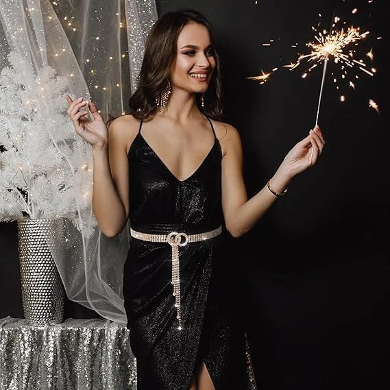 کمربند نگین دار زنانه BIGTHREE، زنجیر کمری قابل تنظیم کریستالی درخشان با طراحی حلقه دوتایی، مناسب برای لباس، شلوار جین و لباس مهمانی، هدیه ای ایده آل برای تولد و مناسبت های خاص