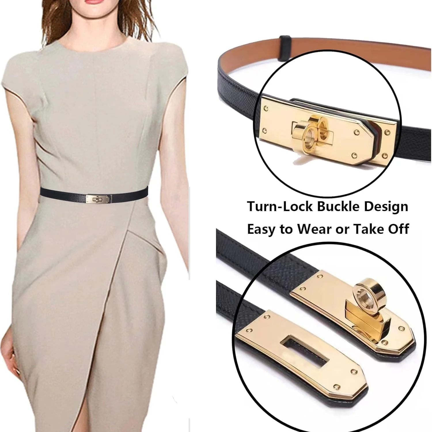 ست 2 عددی کمربند باریک چرمی زنانه با سگک قفلی قابل تنظیم - ایده آل برای پیراهن، شلوار جین، شلوار و کت ست 2 عددی کمربند باریک چرمی زنانه با سگک قفلی قابل تنظیم - ایده آل برای پیراهن، شلوار جین، شلوار و کت