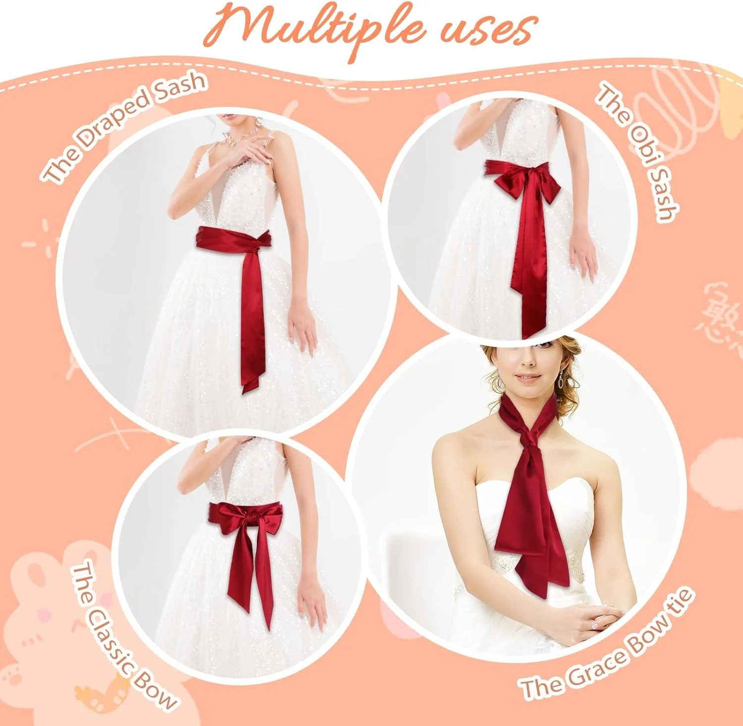 کمربند پاپیونی BIGTHREE، کمربند مجلسی برای لباس، کمربند ساتن عروسی، کمربند دامن زنانه، برای لباس مهمانی و مناسبت های خاص، کمربند تزئینی عروس پهنای 9.5 سانتی متر (قرمز بورگاندی)