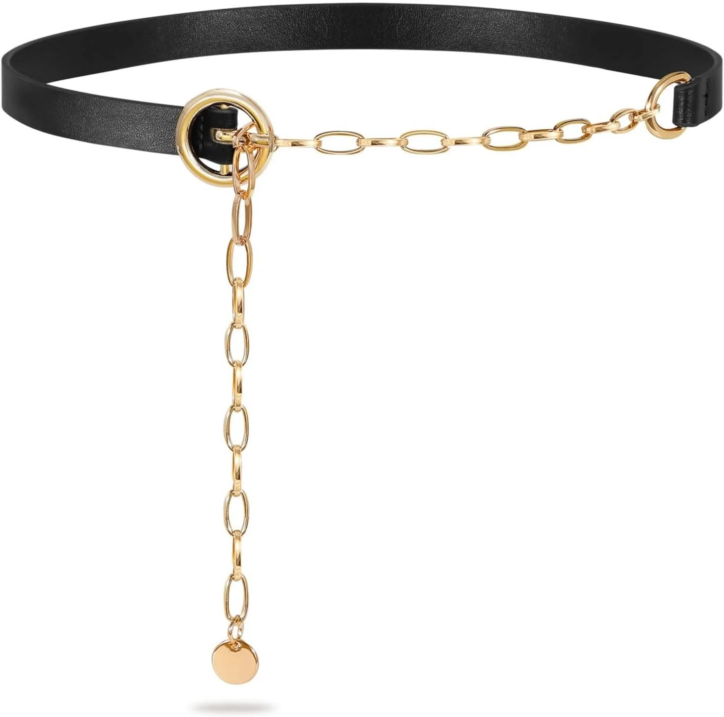 کمربند زنجیری جداشدنی شیک زنانه - کمربند باریک چرمی مصنوعی با سگک حلقه ای طلایی، مناسب برای پیراهن و شلوار جین، ایده آل برای مد تابستانی