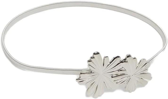 کمربند باریک زنانه استایلی با طرح گل، سایز آزاد، نقره ای