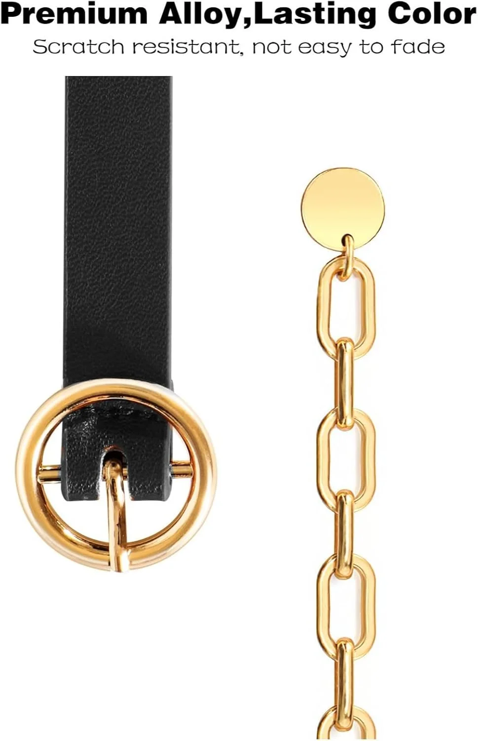 کمربند زنجیری جداشدنی شیک زنانه - کمربند باریک چرمی مصنوعی با سگک حلقه ای طلایی، مناسب برای پیراهن و شلوار جین، ایده آل برای مد تابستانی