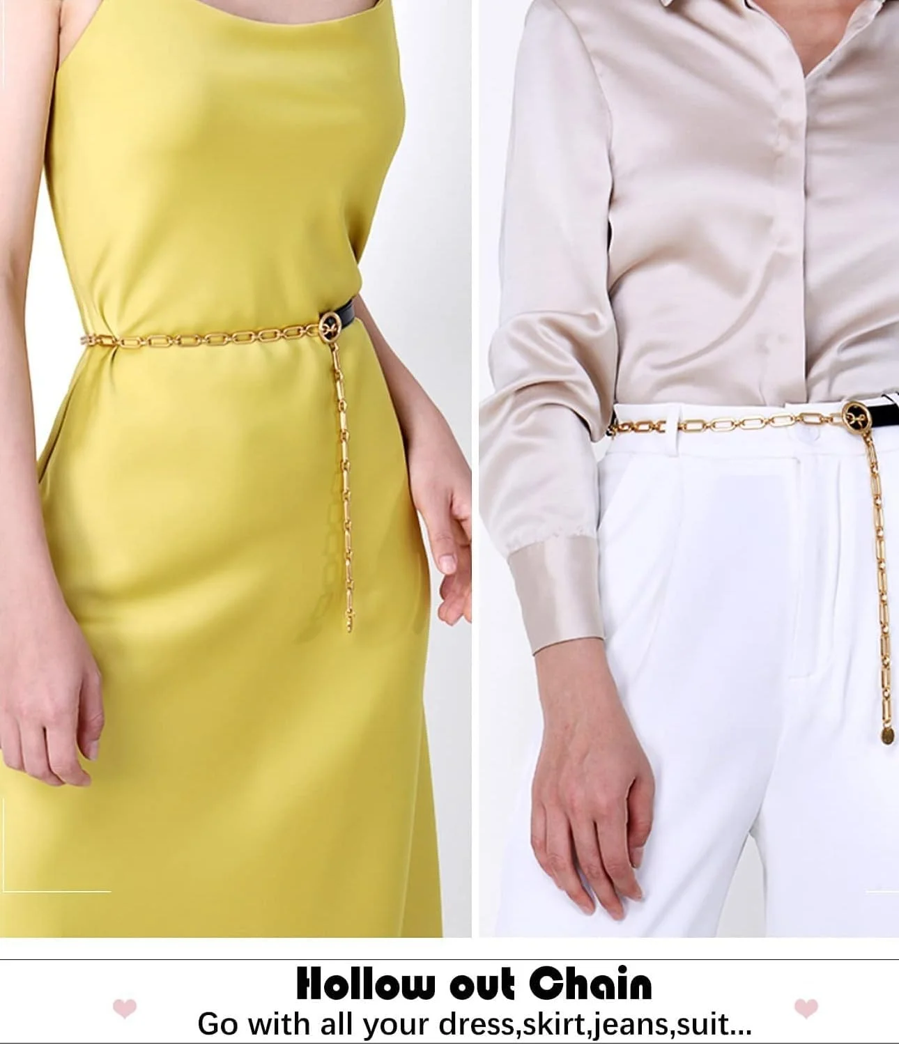 کمربند زنجیری جداشدنی شیک زنانه - کمربند باریک چرمی مصنوعی با سگک حلقه ای طلایی، مناسب برای پیراهن و شلوار جین، ایده آل برای مد تابستانی