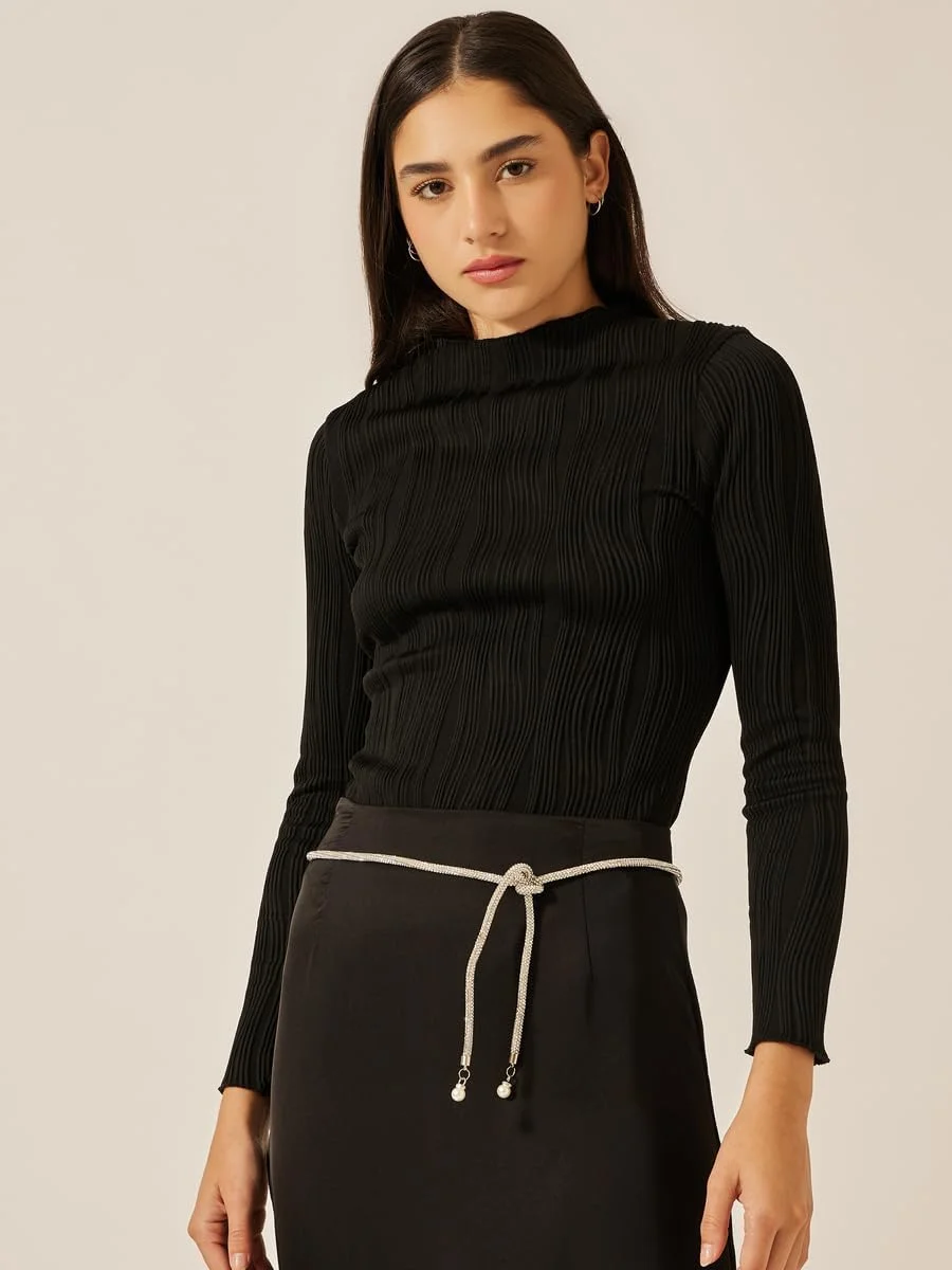 کمربند باریک بافت‌دار زنانه استایلی، سایز آزاد، نقره‌ای