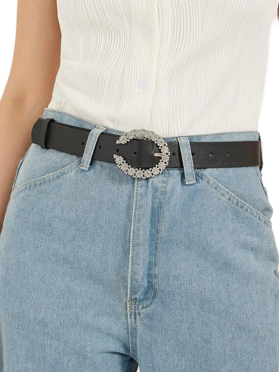 کمربند زنانه استایلی با جزئیات سگک تزیین شده، سایز آزاد، مشکی