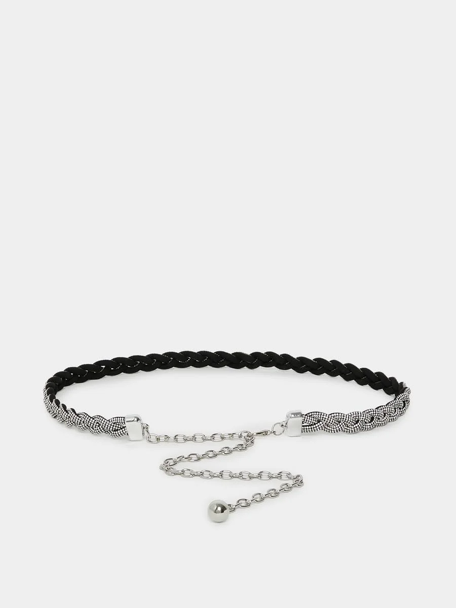 کمربند زنانه استایلی با تزیین بافت، سایز آزاد، مشکی