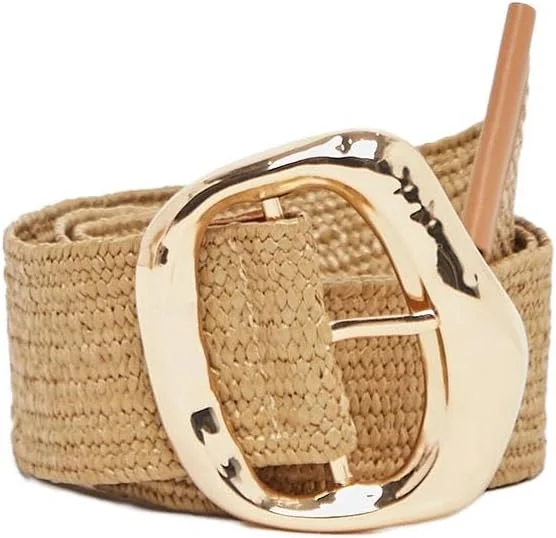 کمربند زنانه استایلی 7012593715 بافت یکدست سگک طلایی سایز آزاد خاکی