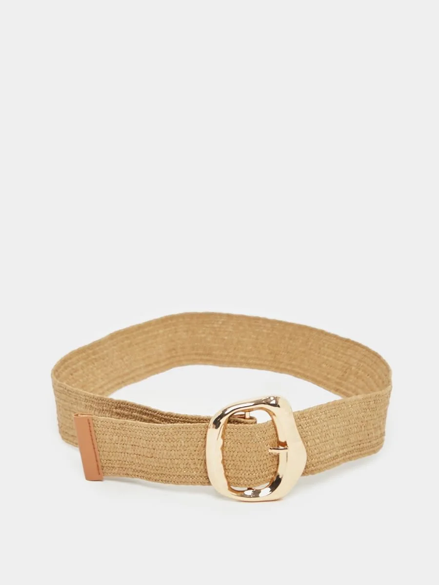 کمربند زنانه استایلی 7012593715 بافت یکدست سگک طلایی سایز آزاد خاکی