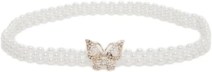 کمربند زنانه استایلی مدل 7012593636 با سگک پروانه ای و تزیین مروارید مصنوعی، سایز آزاد، سفید