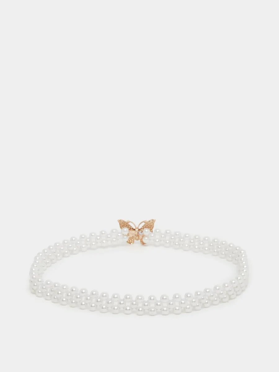 کمربند زنانه استایلی مدل 7012593636 با سگک پروانه ای و تزیین مروارید مصنوعی، سایز آزاد، سفید