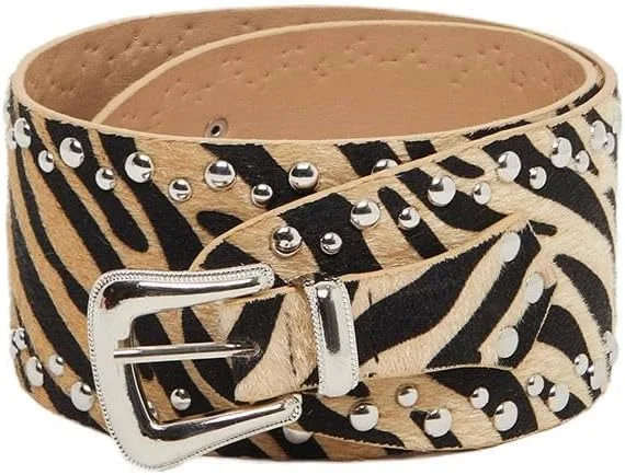 کمربند زنانه استایلی با طرح گورخری و سگک زبانه ای و جزئیات پرچ دار - چند رنگ - سایز آزاد