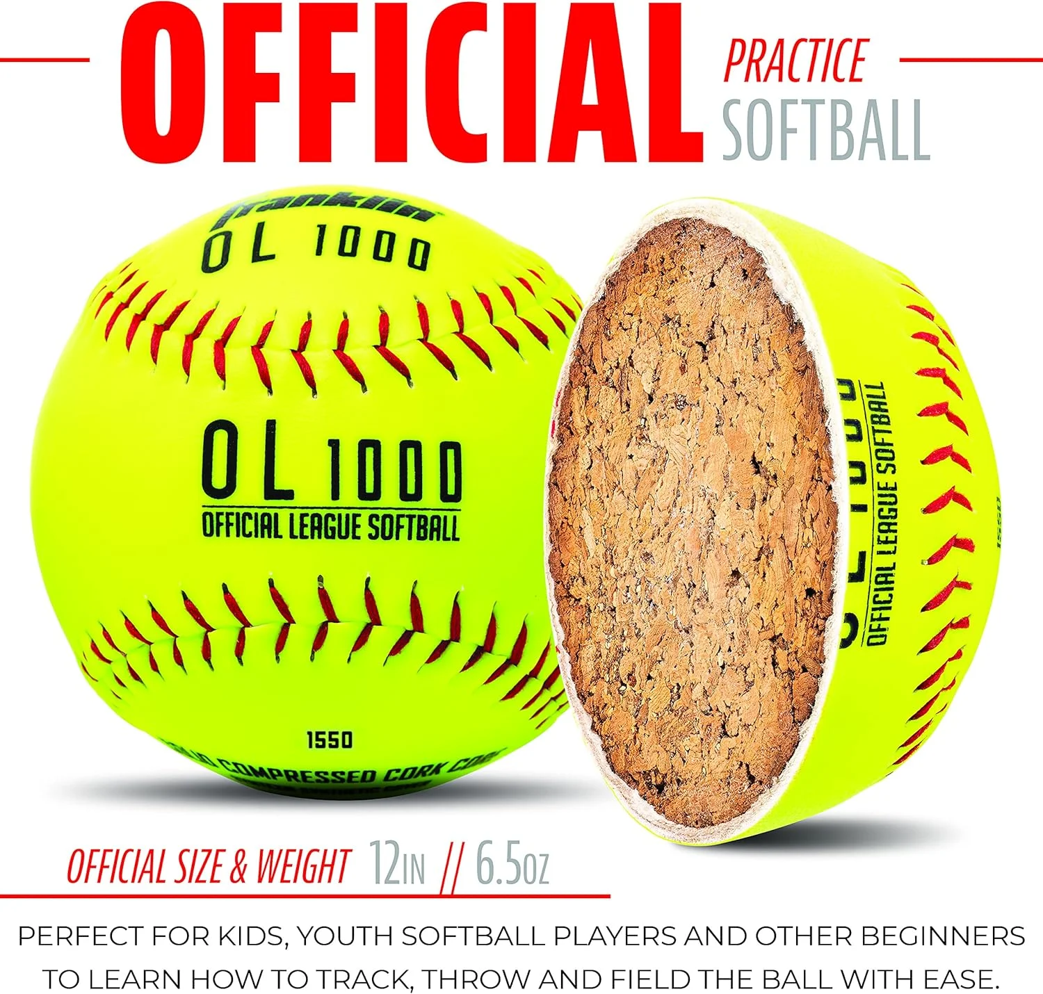 توپ های تمرینی سافت بال فرانکلین اسپورتس - سافت بال های فست پیچ 12 اینچی زرد رنگ OL1000 - توپ های تمرینی با اندازه و وزن رسمی برای بازیکنان جوان و مبتدی - بسته 1 عددی، بسته 4 عددی + بسته های عمده 12 عددی