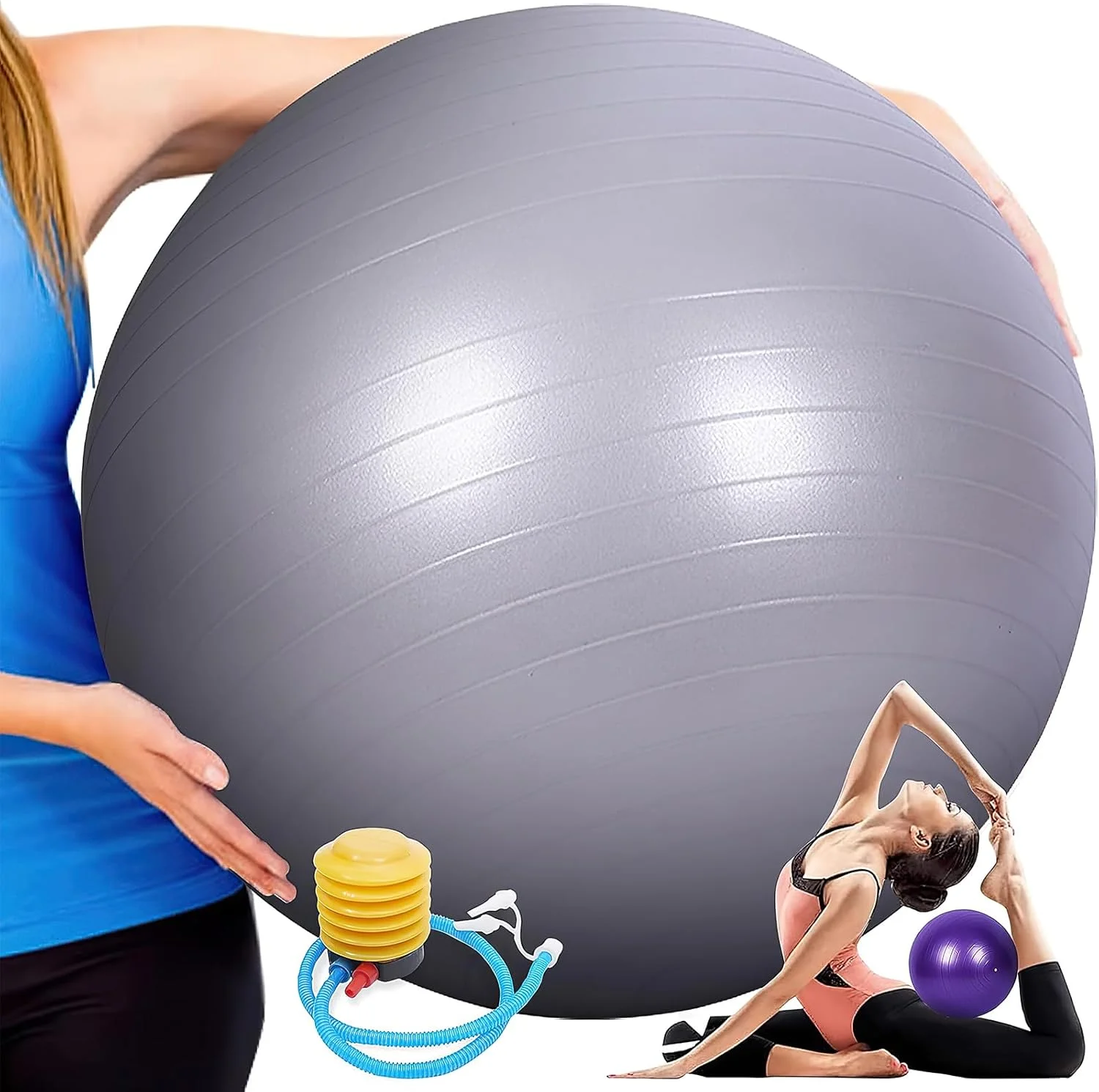 ست توپ ورزشی 2 عددی 65 و 25 سانتی متری با پمپ پایی سریع، ضد ترکیدگی و لغزش، توپ تعادلی یوگا برای پیلاتس، یوگا، زایمان، تمرینات ورزشی باشگاه و فیزیوتراپی (2 سایز)