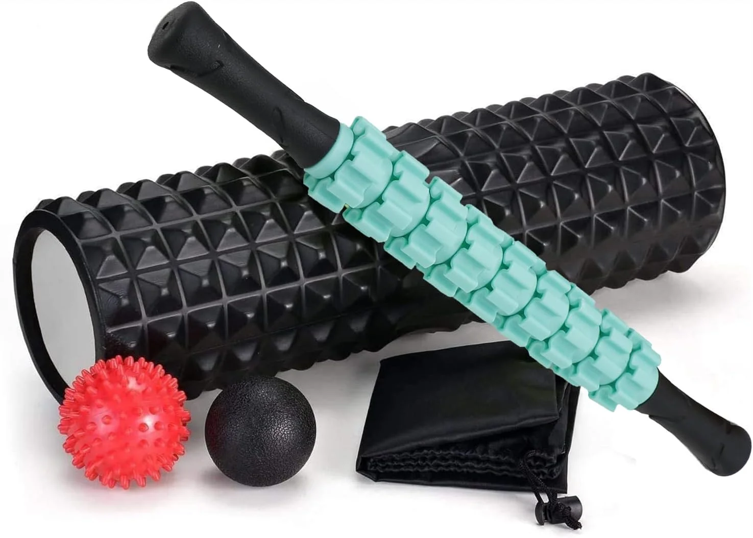 ست غلتک فومی تناسب اندام یوگا 5 در 1 سایز بزرگ با استیک غلتکی عضلانی بافت عمیق و توپ های ماساژ برای تسکین درد و رهایی میوفاشیال و تمرین تعادل کل بدن