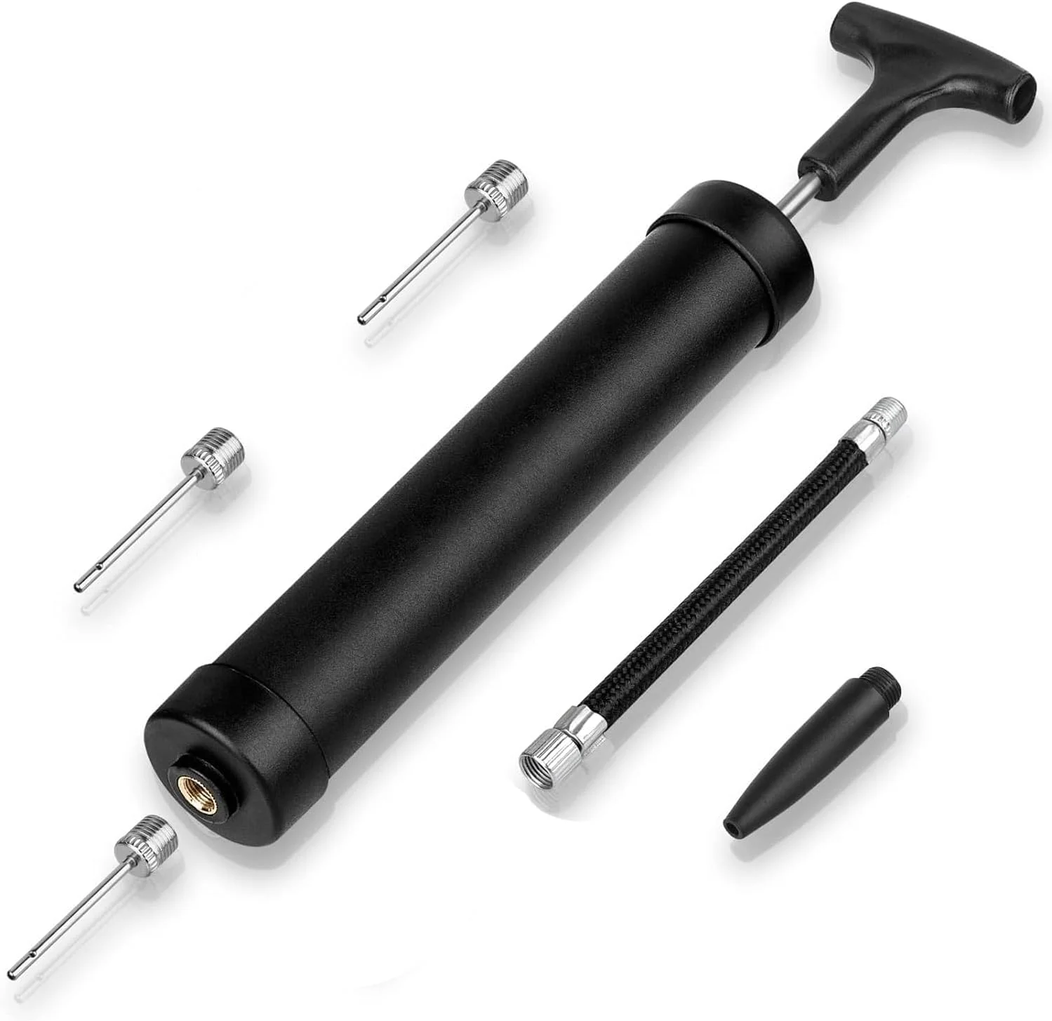 پمپ باد دستی قابل حمل MOMENT به همراه سوزن، نازل و شلنگ برای توپ فوتبال، بسکتبال، والیبال، و سایر توپ های ورزشی، بادکنک و لوازم بادی شنا