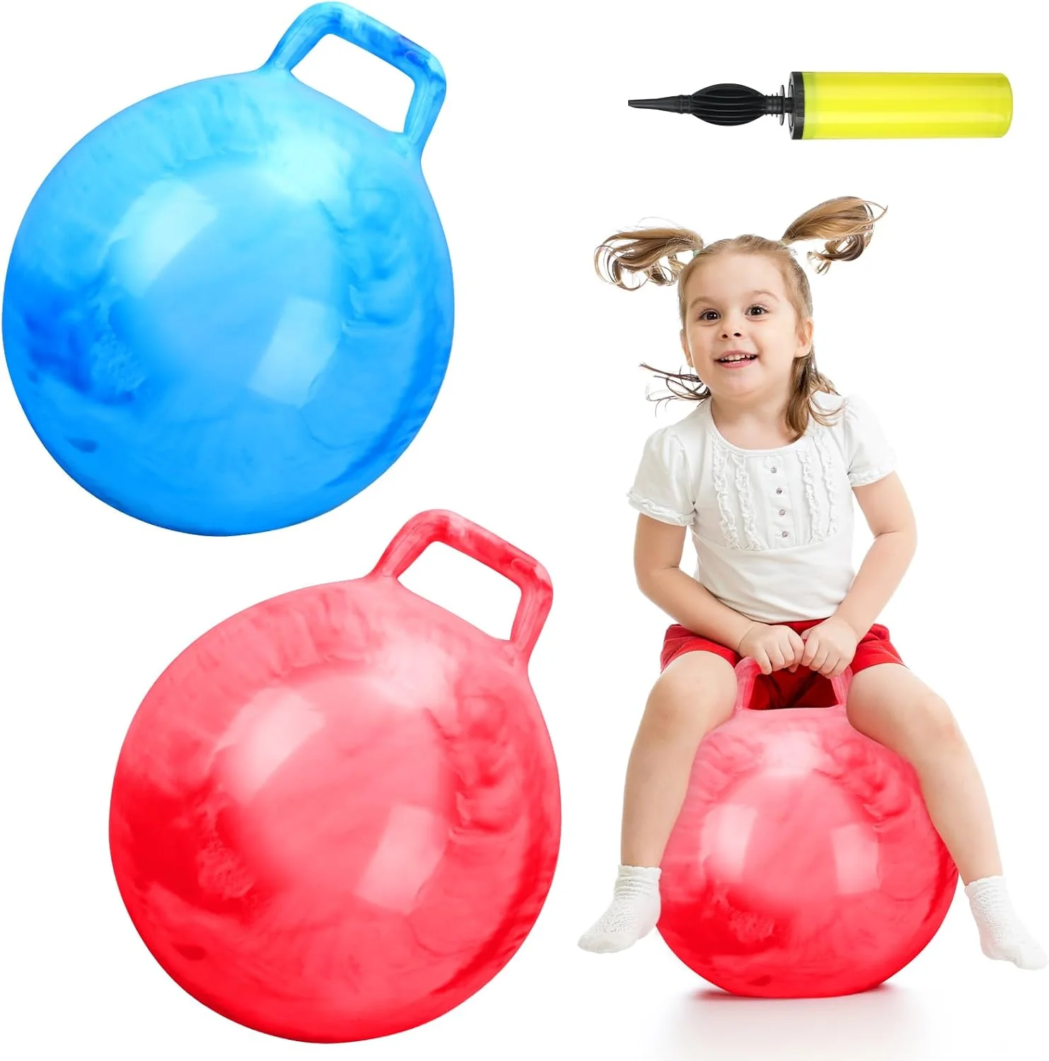توپ بازی فنری Poen، توپ پرشی با دسته به همراه پمپ هوا، توپ فنری برای ورزش کودکان، هدیه و بازی برای دختران و پسران (قطر 55 سانتیمتر، قرمز مرمری، آبی مرمری، 2 عدد)