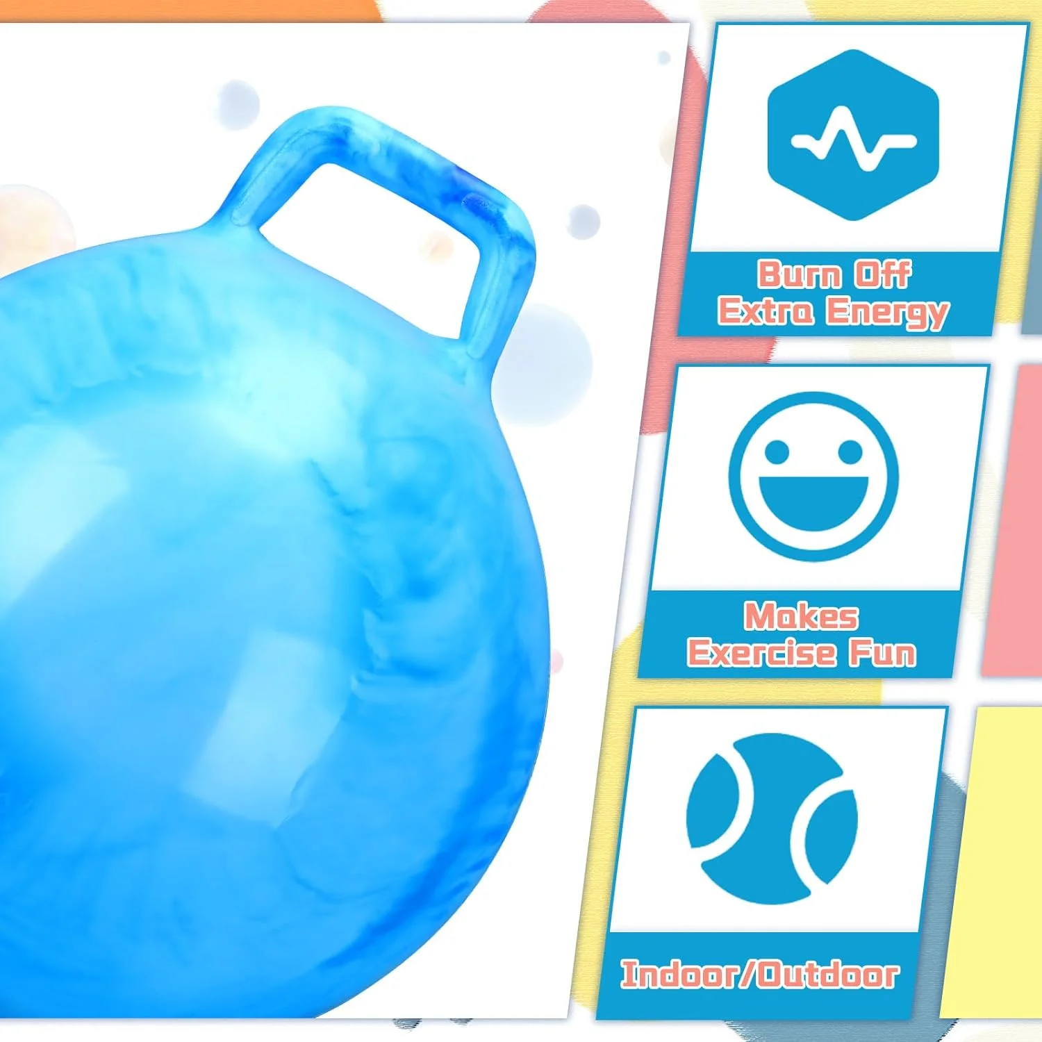 توپ بازی فنری Poen، توپ پرشی با دسته به همراه پمپ هوا، توپ فنری برای ورزش کودکان، هدیه و بازی برای دختران و پسران (قطر 55 سانتیمتر، قرمز مرمری، آبی مرمری، 2 عدد)