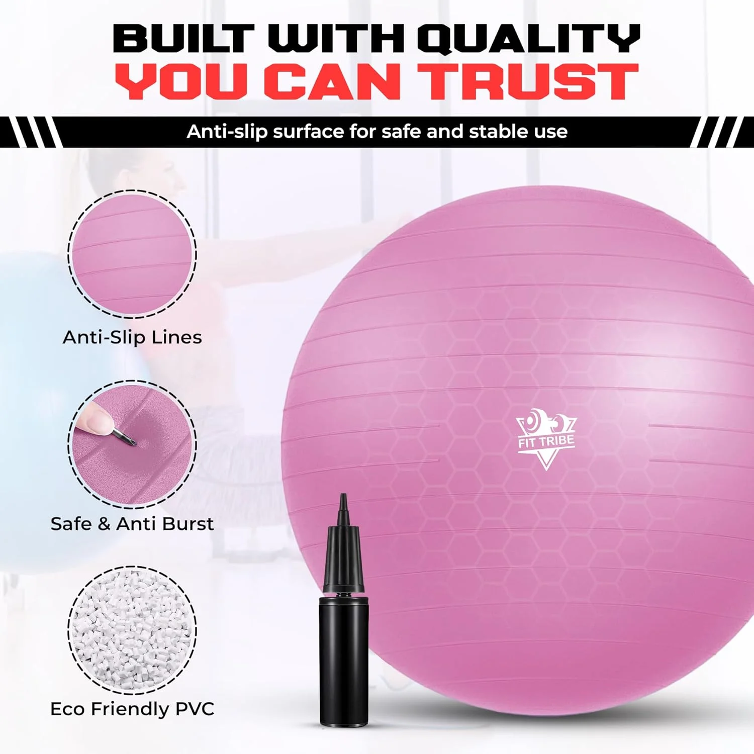 توپ یوگا - توپ تعادلی ضد ترکیدگی و ضد لغزش با پمپ هوا - ایده آل برای پیلاتس، تقویت هسته بدن، تعادل و تمرینات دوران بارداری - تحمل وزن تا 500 کیلوگرم - مناسب برای استفاده در خانه و باشگاه