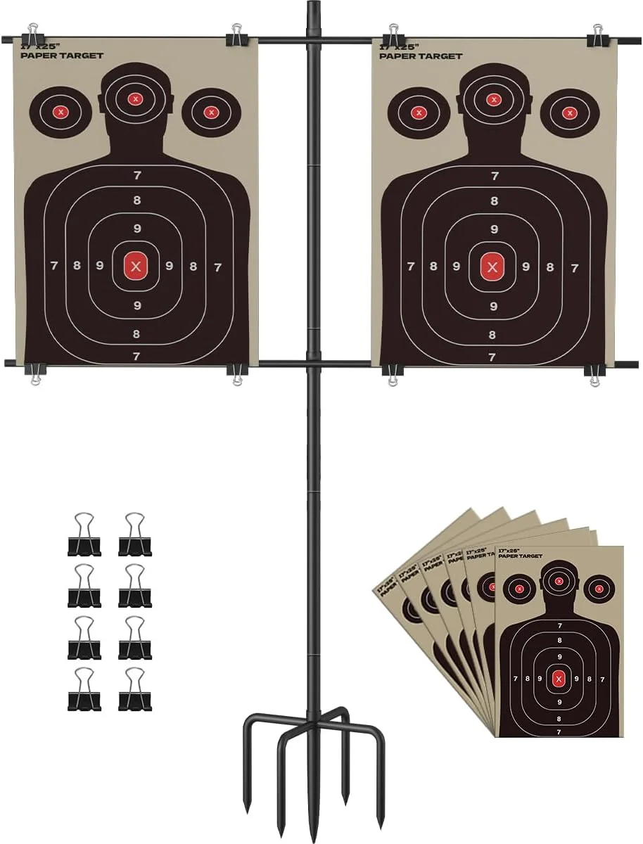 پایه هدف تیراندازی قابل تنظیم با پایه 5 شاخه، نگهدارنده هدف فولادی قابل حمل با 9 گیره و 15 عدد کاغذ، لوازم جانبی ایده آل برای تمرین تیراندازی در فضای باز