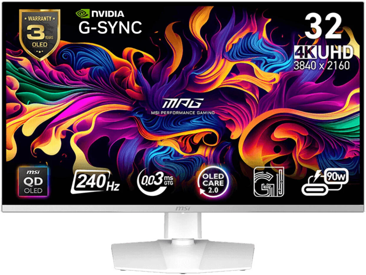 مانیتور گیمینگ MSI MPG 321URXW، نمایشگر 32 اینچی QD-OLED، رزولوشن 4K UHD، نرخ نوسازی 240 هرتز، زمان پاسخگویی 0.03 میلی‌ثانیه (GtG)، سازگار با NVIDIA G-Sync، سفید | MPG-321URXW-QD-OLED