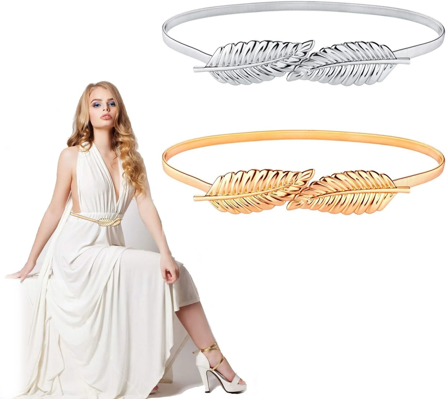 کمربند طلایی KASTWAVE برای لباس زنانه، 2 عدد کمربند زنجیره ای آویز الاستیک، برای لباس، شلوار جین، دامن