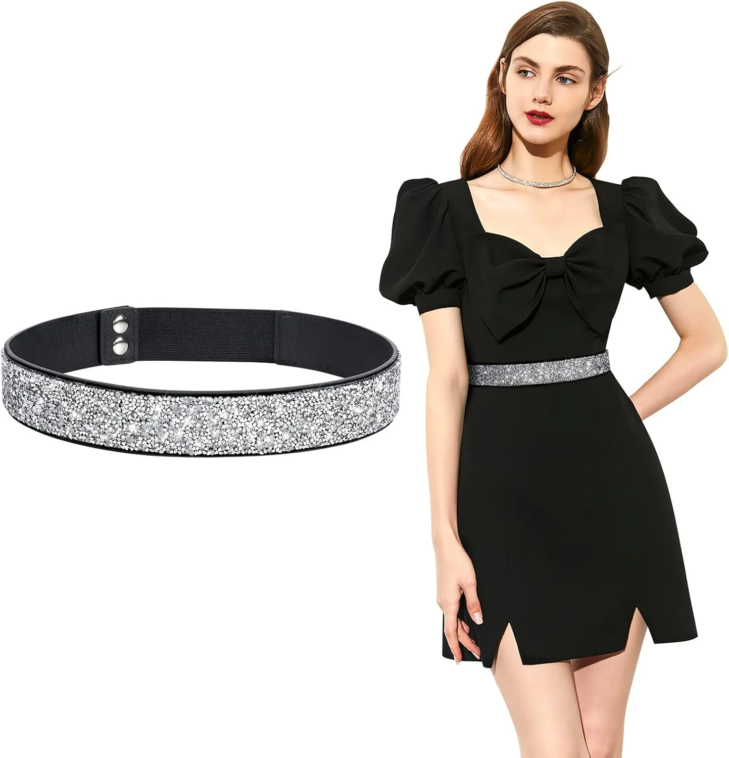 کمربند کشی نگین دار زنانه، کمربند کریستالی براق و کشسان KASTWAVE، کمربند پهن زنانه برای لباس (S)