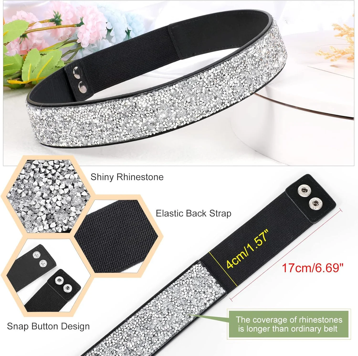 کمربند کشی نگین دار زنانه، کمربند کریستالی براق و کشسان KASTWAVE، کمربند پهن زنانه برای لباس (S)