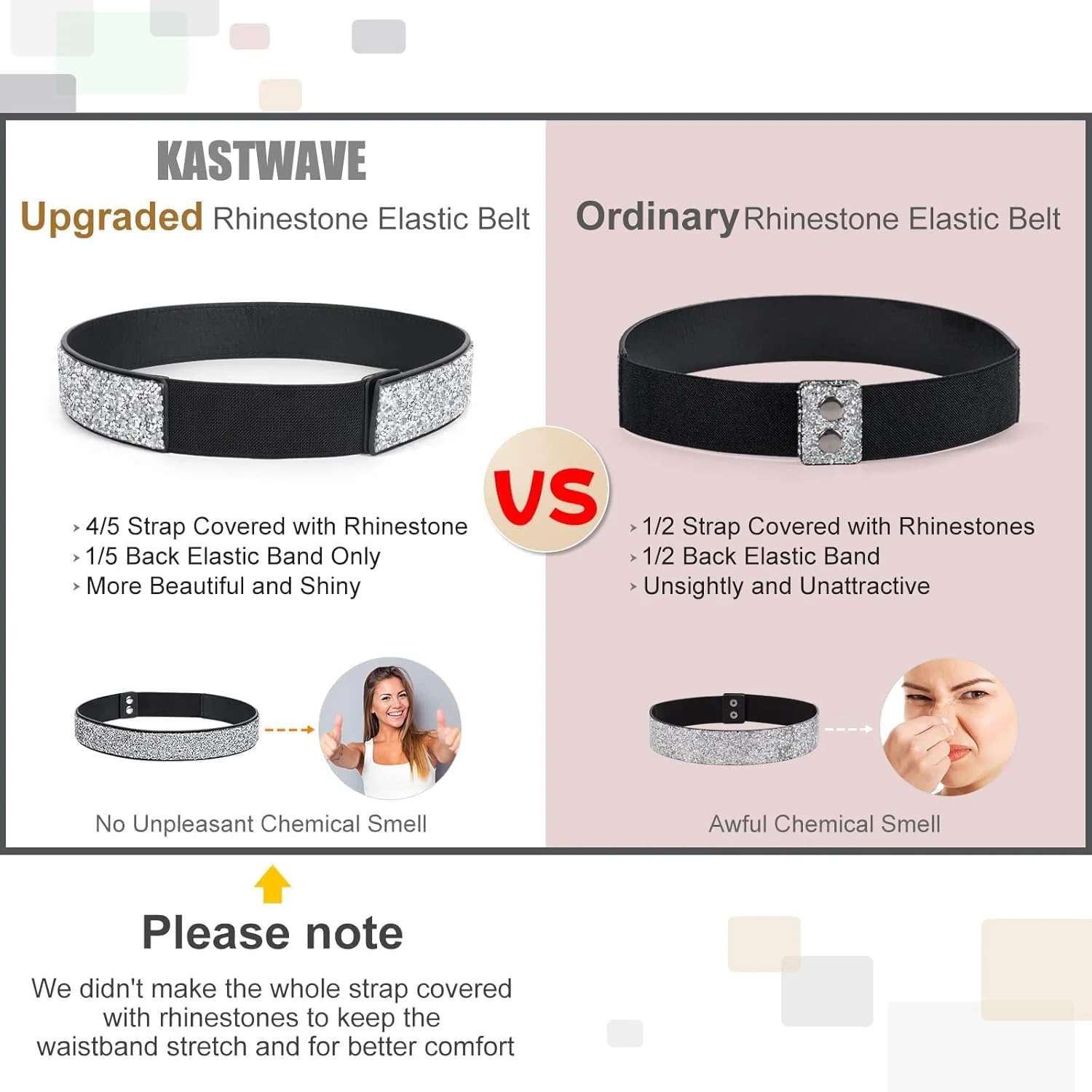 کمربند کشی نگین دار زنانه، کمربند کریستالی براق و کشسان KASTWAVE، کمربند پهن زنانه برای لباس (S)