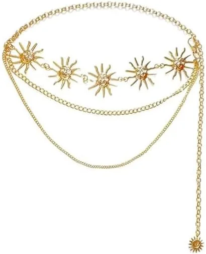 زنجیر کمر زنانه، کمربند کمر برای لباس زنانه، زنجیر بدن طرح خورشید، زنجیر فلزی سه لایه قابل تنظیم برای شلوار جین، پیراهن و لباس