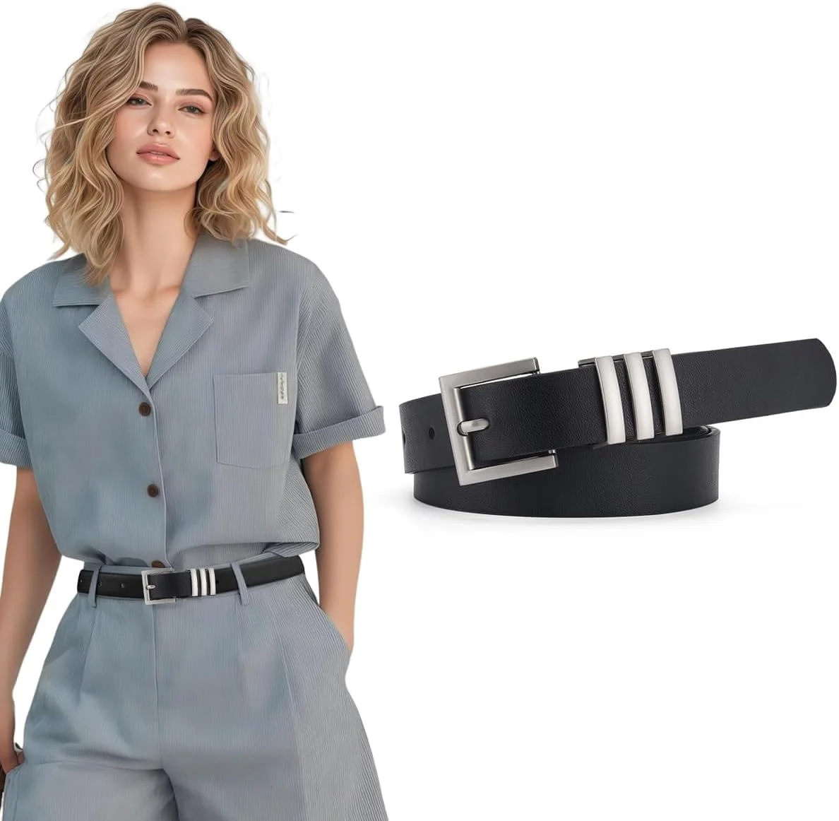 کمربند چرمی زنانه برای لباس، شلوار جین، کمربند باریک مد روز قابل تنظیم با سگک مربعی طلایی یا نقره ای، کمربند کلاسیک مشکی زنانه
