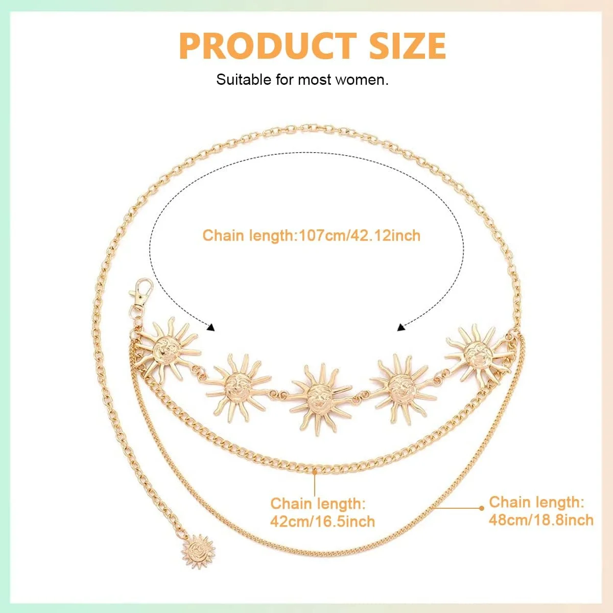 زنجیر کمر زنانه، کمربند کمر برای لباس زنانه، زنجیر بدن طرح خورشید، زنجیر فلزی سه لایه قابل تنظیم برای شلوار جین، پیراهن و لباس