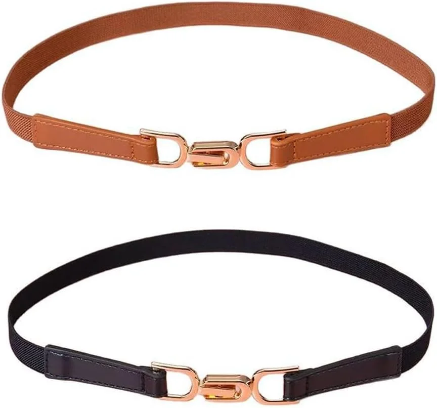 کمربند زنانه برای لباس، 2 عدد کمربند زنانه برای شلوار جین، کمربند کشی قهوه ای و مشکی برای خانم ها، کمربند باریک برای پیراهن، کت و شلوار (سگک های فلزی در هم قفل شونده)
