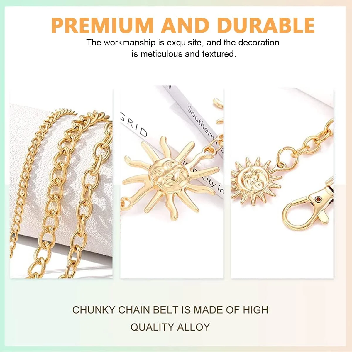 زنجیر کمر زنانه، کمربند کمر برای لباس زنانه، زنجیر بدن طرح خورشید، زنجیر فلزی سه لایه قابل تنظیم برای شلوار جین، پیراهن و لباس