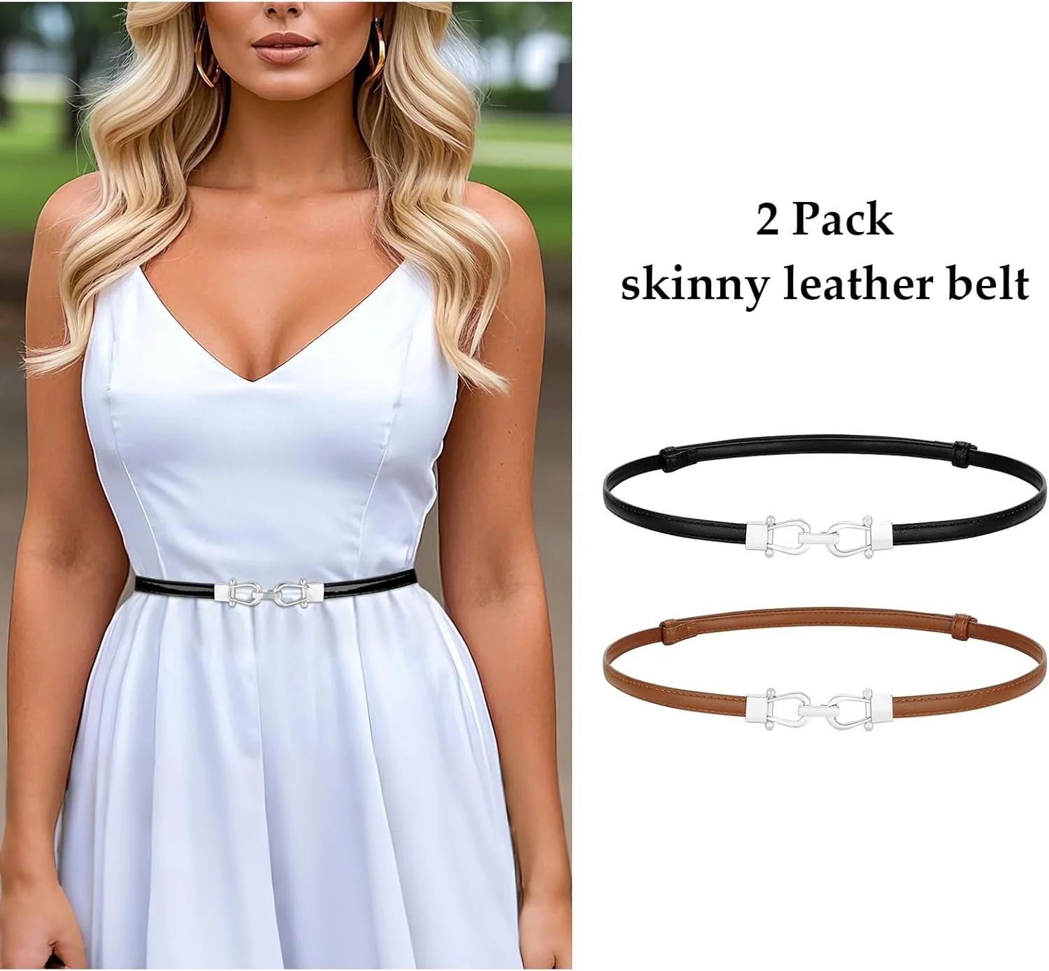 کمربند زنانه برای لباس، 2 عدد کمربند زنانه برای شلوار جین، کمربند کشی قهوه ای و مشکی برای خانم ها، کمربند باریک برای پیراهن، کت و شلوار (سگک های فلزی در هم قفل شونده)