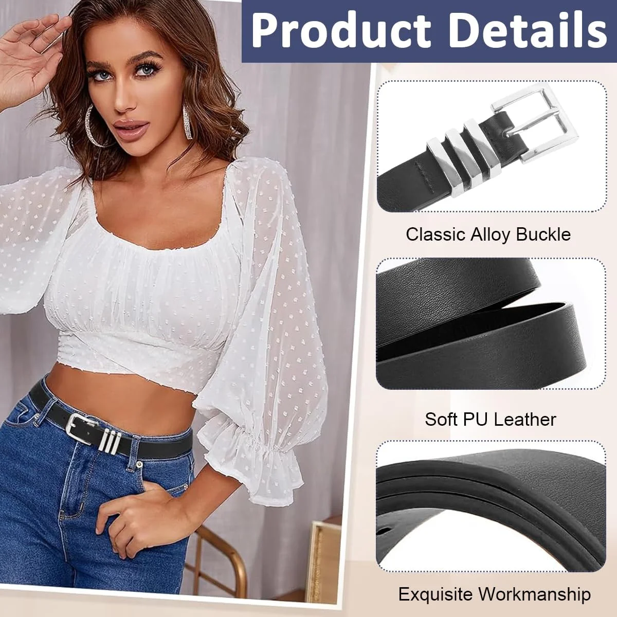 کمربند چرمی زنانه برای لباس، شلوار جین، کمربند باریک مد روز قابل تنظیم با سگک مربعی طلایی یا نقره ای، کمربند کلاسیک مشکی زنانه کمربند چرمی زنانه برای لباس، شلوار جین، کمربند باریک مد روز قابل تنظیم با سگک مربعی طلایی یا نقره ای، کمربند کلاسیک مشکی زنانه