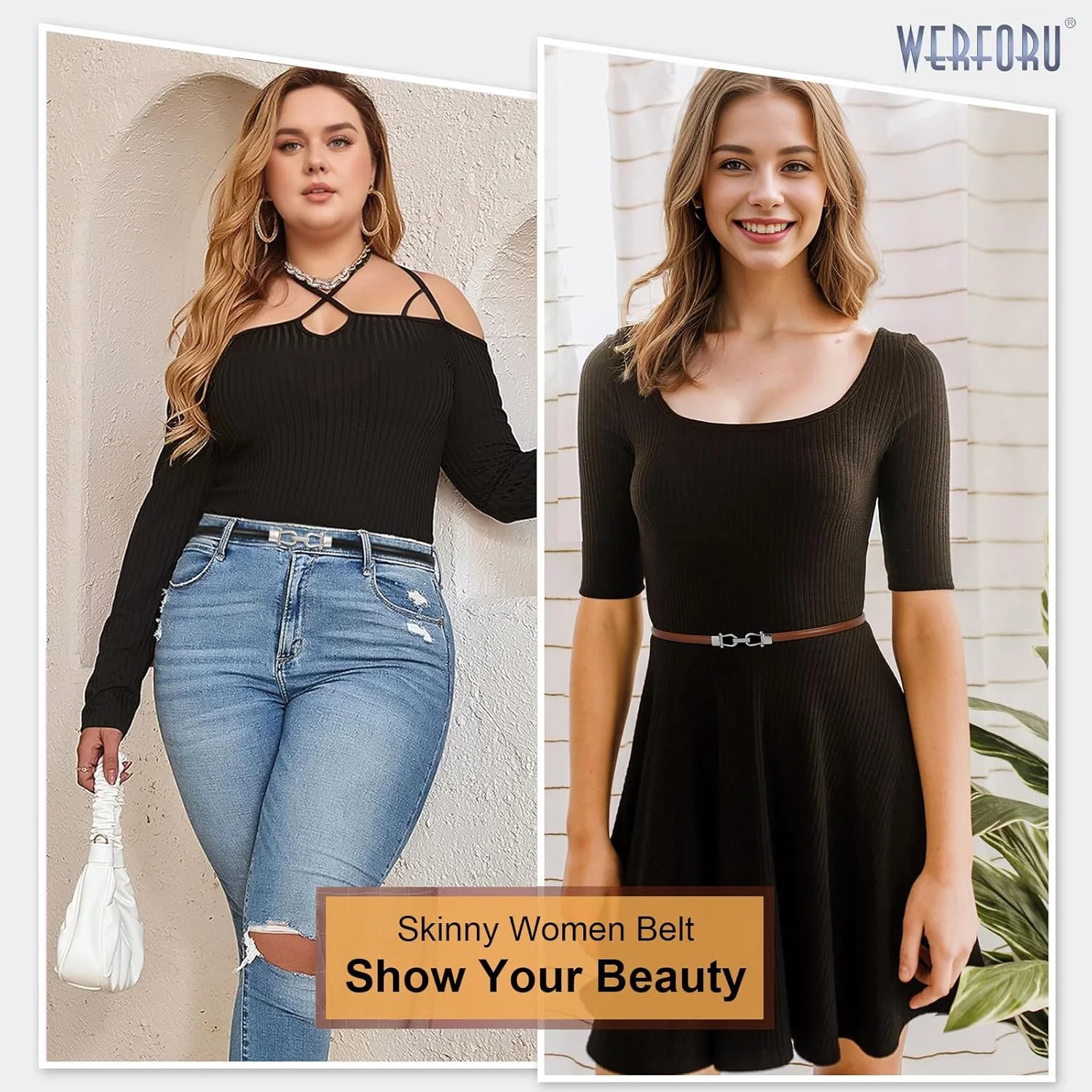 کمربند زنانه برای لباس، 2 عدد کمربند زنانه برای شلوار جین، کمربند کشی قهوه ای و مشکی برای خانم ها، کمربند باریک برای پیراهن، کت و شلوار (سگک های فلزی در هم قفل شونده)