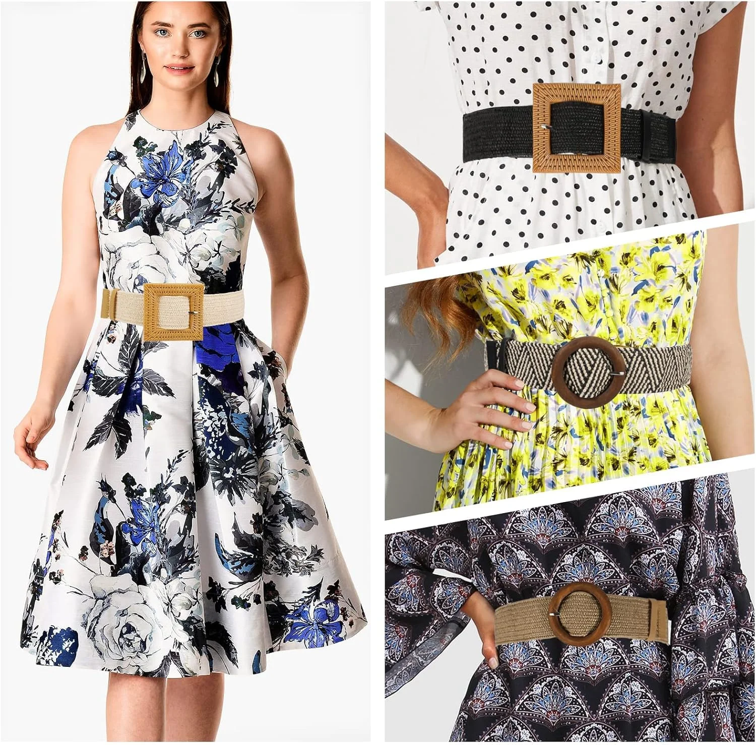 کمربند پهن زنانه، کمربند کشی بافته شده حصیری برای لباس، کمربندهای پهن مد روز بوهمی بافته شده کمربند باریک لباس با سگک برای زنان دختران 4 عدد