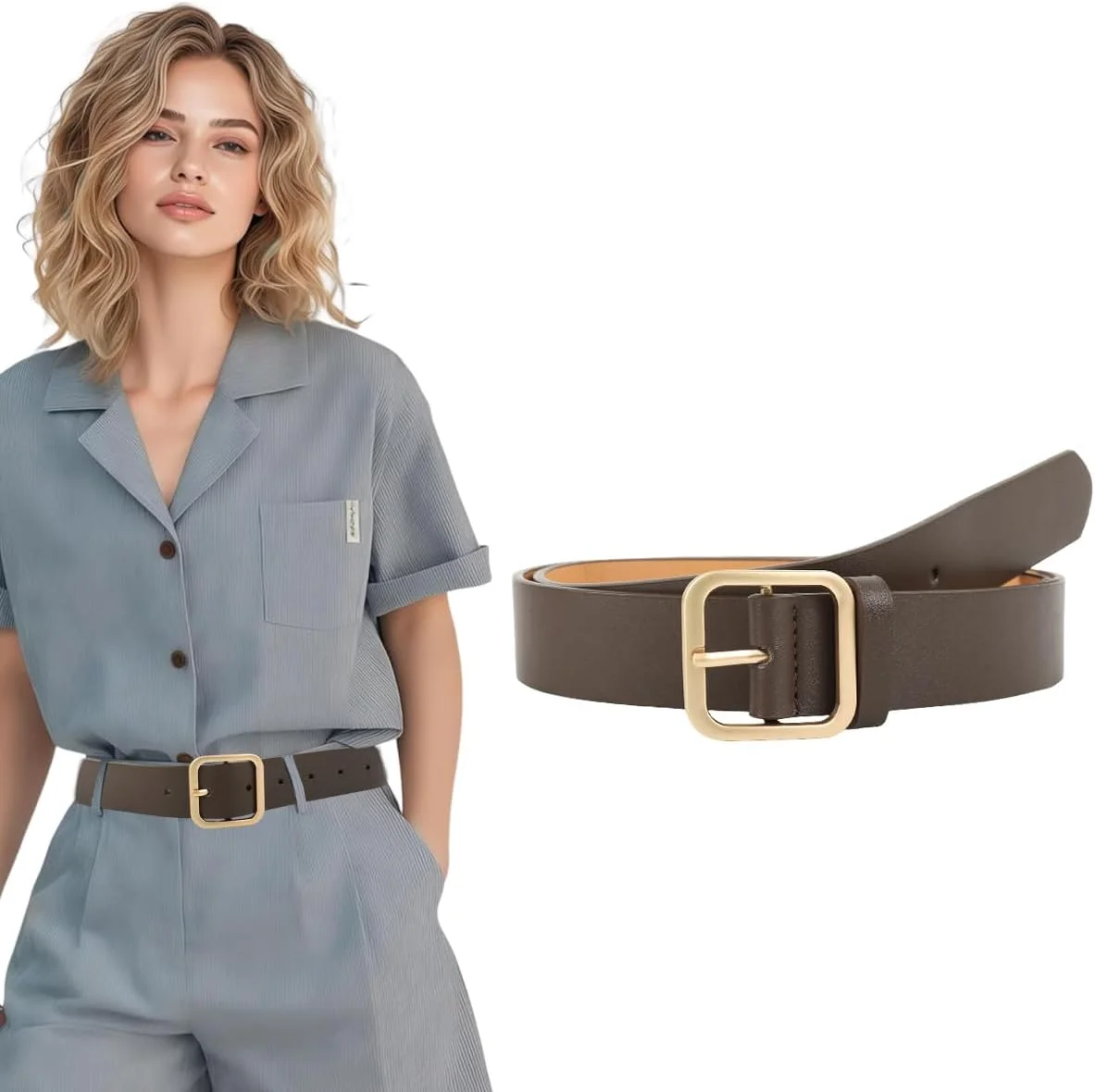 کمربند چرمی زنانه برای شلوار جین، پیراهن، شلوار - کمربند چرمی مشکی باریک و شیک با سگک مربعی برنزی قابل تنظیم، بند کمر باریک زنانه برای لباس