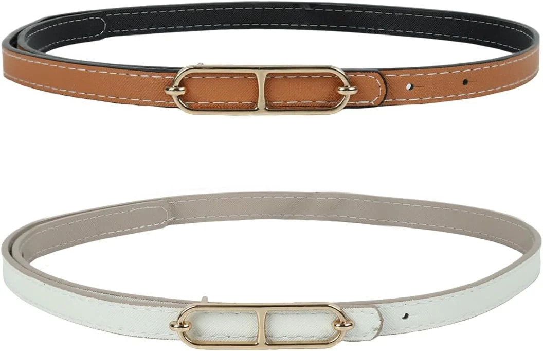 ست 2 عددی کمربند زنانه دو طرفه، کمربند باریک چرمی قابل تنظیم، کمربندهای مشکی و قهوه ای شیک برای لباس زنانه، سایز آزاد