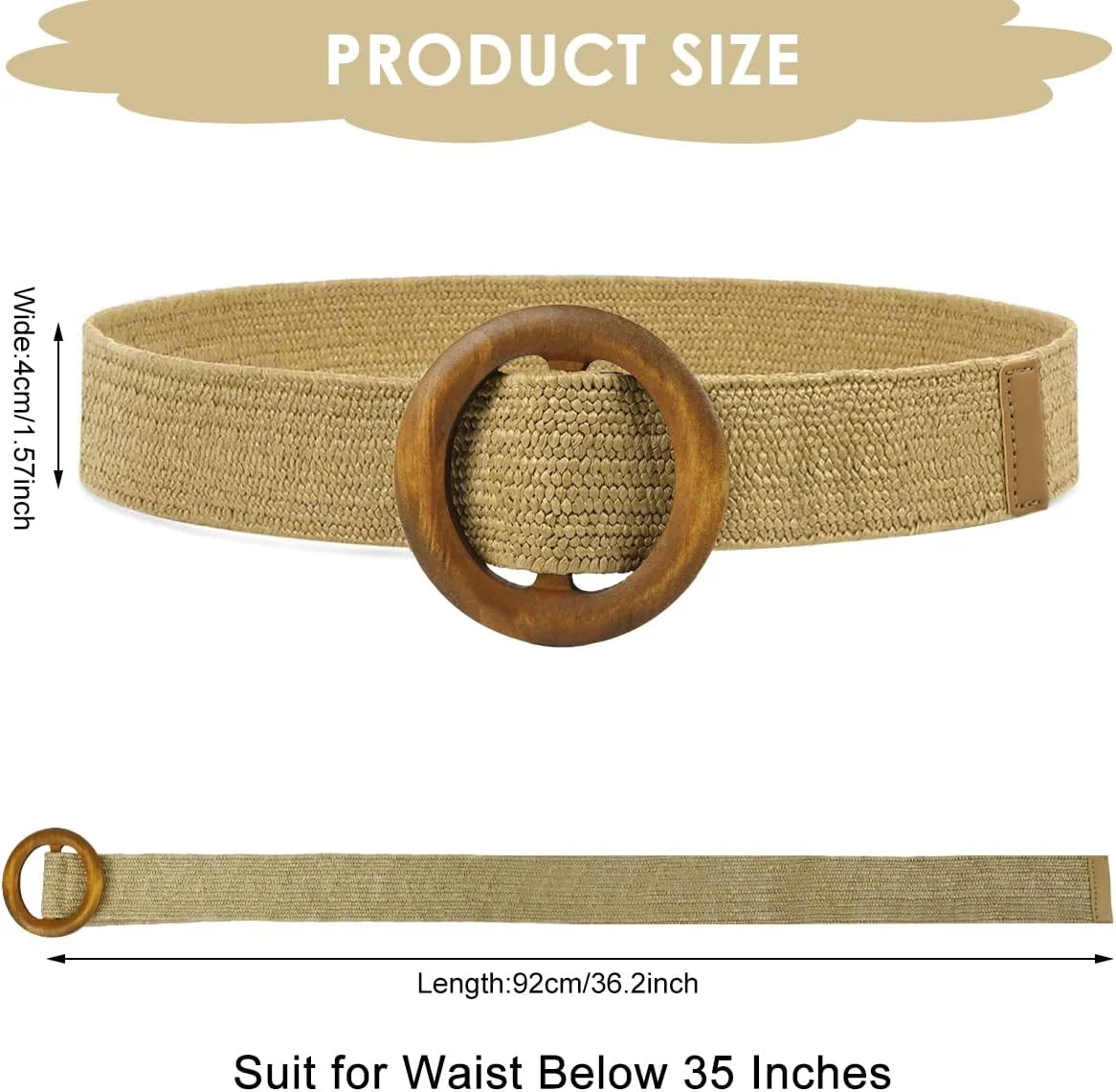 کمربند حصیری بافته شده زنانه، کمربند کشی حصیری بژ بوهمی، کمربند کمر قابل تنظیم برای زنان، سایز آزاد