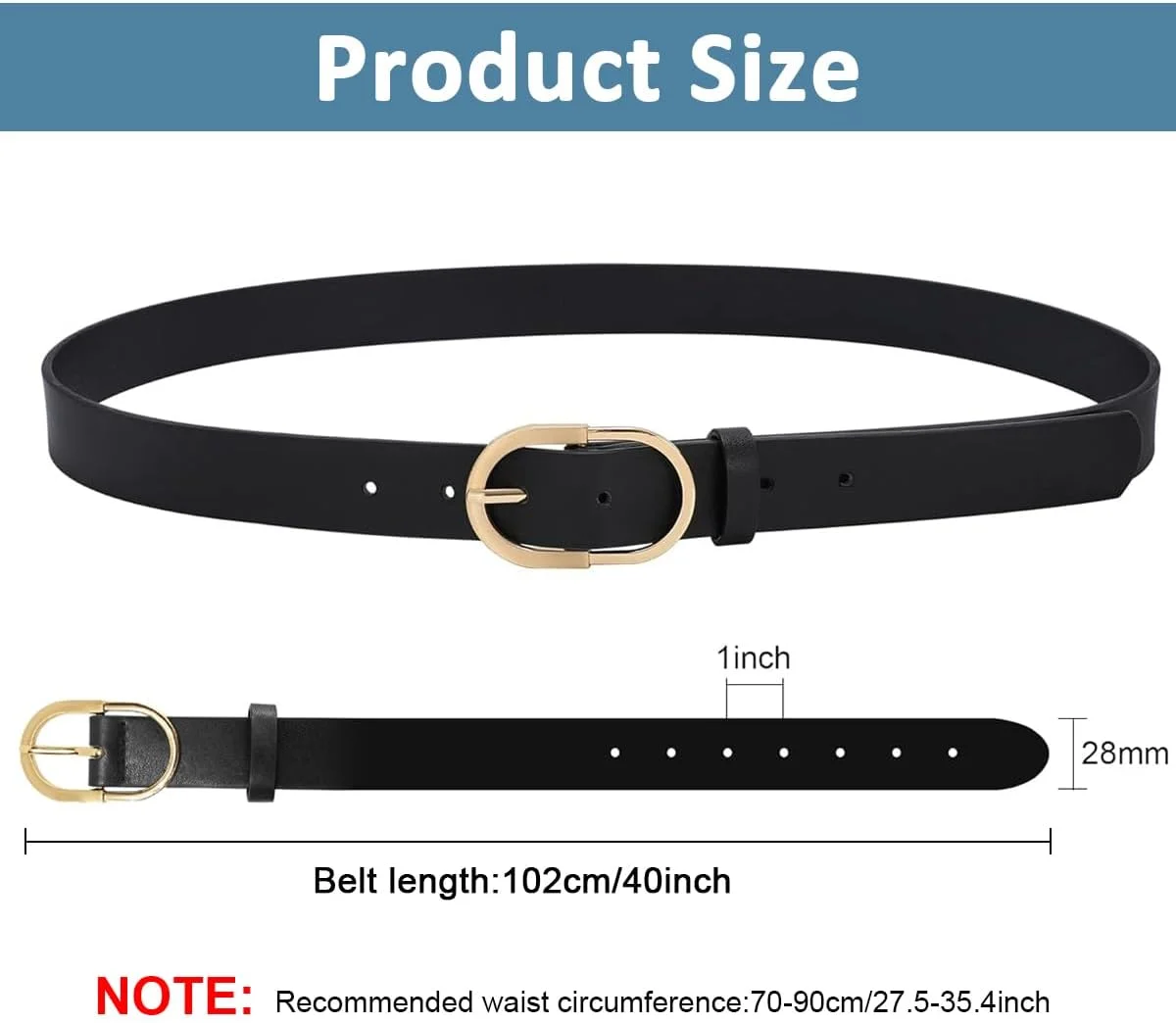 کمربند زنانه برای لباس، کمربند مشکی زنانه، کمربندهای مد روز زنانه برای شلوار جین، کمربند چرمی PU زنانه، کمربند سگک طلایی زنانه برای شلوار جین و لباس زنانه (مناسب دور کمر 70-90 سانتی متر)