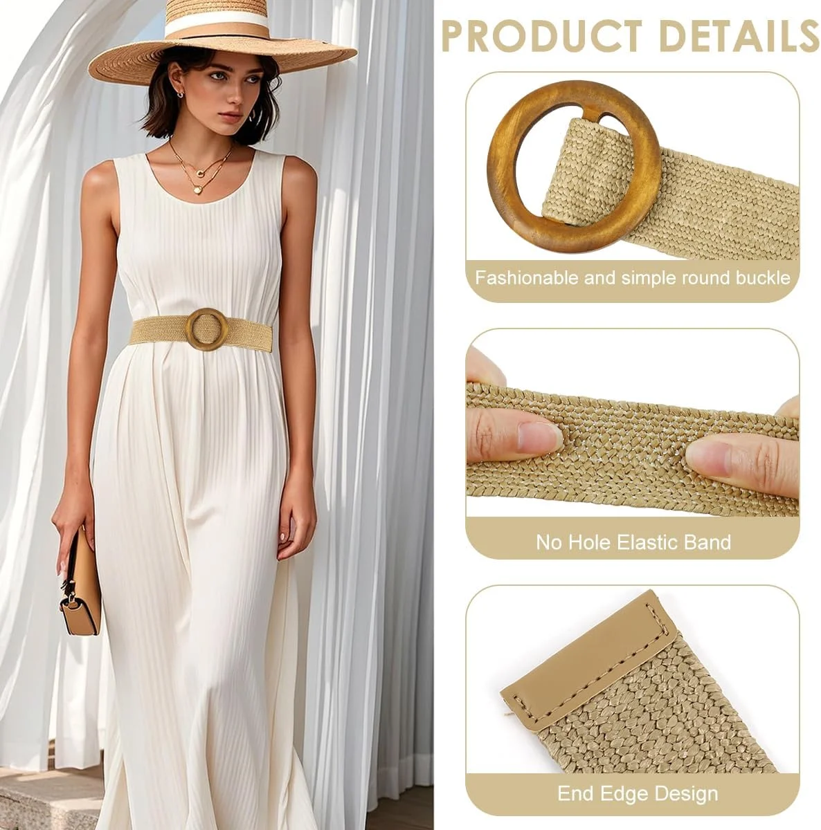 کمربند حصیری بافته شده زنانه، کمربند کشی حصیری بژ بوهمی، کمربند کمر قابل تنظیم برای زنان، سایز آزاد