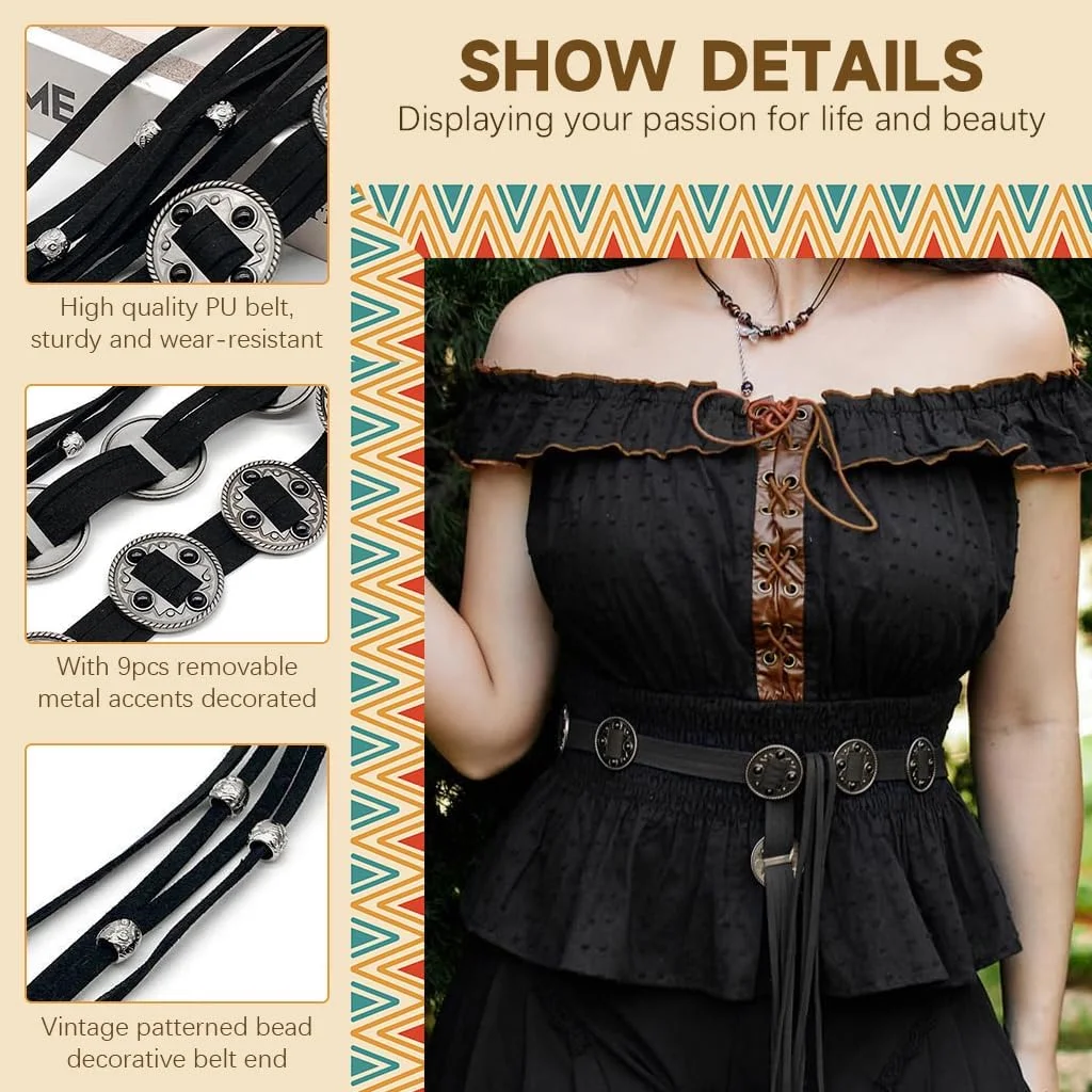 کمربند بوهمی زنانه با آویز سکه ای و منگوله، کمربند چرمی PU با بند قابل تنظیم، مناسب برای شلوار جین، دامن و لباس های مختلف کمربند بوهمی زنانه با آویز سکه ای و منگوله، کمربند چرمی PU با بند قابل تنظیم، مناسب برای شلوار جین، دامن و لباس های مختلف