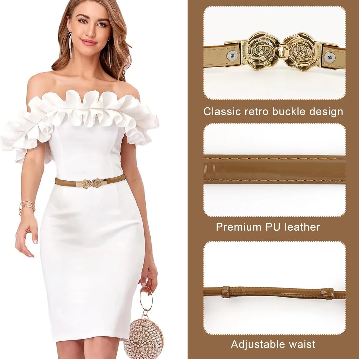 کمربند زنانه کمر، کمربندهای مد روز زنانه، کمربند باریک زنانه PU، کمربند قهوه ای زنانه، کمربند سگک گل رز طلایی برای لباس های زنانه، کمربند در هم قفل شده برای شلوار جین زنانه، کت اسپرت غیر رسمی، کت و شلوار رسمی، کیفیت خوب