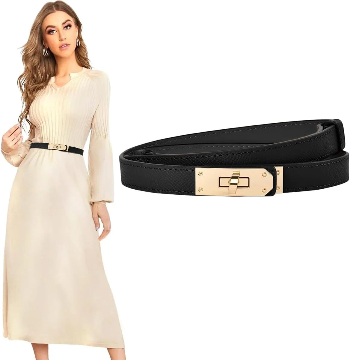 کمربند زنانه برای لباس، کمربندهای شیک زنانه، کمربند باریک چرمی PU با سگک قفل چرخشی آلیاژی مناسب برای دور کمر 65-105 سانتی متر، سایز آزاد برای همه کمربند زنانه برای لباس، کمربندهای شیک زنانه، کمربند باریک چرمی PU با سگک قفل چرخشی آلیاژی مناسب برای دور کمر 65-105 سانتی متر، سایز آزاد برای همه