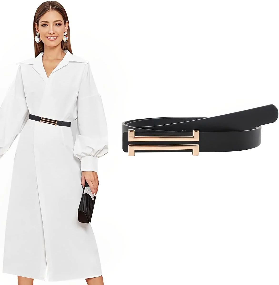 کمربند چرمی فشن زنانه، کمربند باریک ساده با سگک برای پیراهن، شلوار و جین - مشکی، سایز آزاد